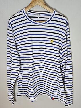 Kule Mister Striped Modern Tee Long Sleeve Smiley Face Blue Black Crew L Large